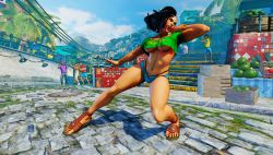 2girls 3d 4boys alternate_costume bare_legs breasts capcom city crop_top crop_top_overhang full_body highres large_breasts laura_matsuda legs long_hair multiple_boys multiple_girls no_bra official_art outdoors screencap short_shorts shorts sky street_fighter street_fighter_v thong underboob