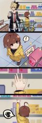 ! 1boy 1girl 4koma ahoge black_hair blonde_hair brown_eyes brown_hair comic english_text highres hood hoodie kido_hyde klllk linne_(under_night_in-birth) multicolored_hair necktie pastry_box reaching red_eyes red_neckwear shelf shopping shopping_cart short_shorts shorts silent_comic sparkle spoken_exclamation_mark spoken_squiggle squiggle tile_floor tiles two-tone_hair under_night_in-birth