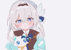 1girl 1other blue_ribbon blush brown_jacket cat closed_mouth collared_shirt firefly_(honkai:_star_rail) gradient_hair green_pupils grey_hair hair_between_eyes hair_intakes hair_ornament hair_ribbon hairband honkai:_star_rail honkai_(series) j96s5k jacket long_hair multicolored_eyes multicolored_hair official_alternate_costume ribbon shirt simple_background smile two-tone_hairband white_background white_cat white_hairband white_shirt