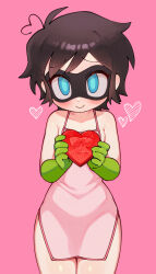 1girl absurdres ahoge apron batman_(series) batrobin_k blue_eyes blush breasts brown_hair dc_comics domino_mask heart highres mask naked_apron pink_background robin_(batrobin_k) short_hair simple_background small_breasts valentine