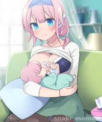 Rule 34 | 1girl, baby, blue bra, blue eyes, bra, breastfeeding, breasts, cleavage, lactation, pink hair, underwear