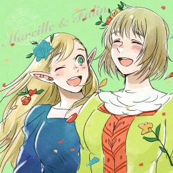 2girls :d blush breasts dress dungeon_meshi elf english_text falin_touden feathers green_eyes hair_around_ear half-closed_eyes halfling highres large_breasts long_hair marcille_donato multiple_girls one_eye_closed open_mouth pointy_ears short_hair simple_background smile tama_._kogifu yuri