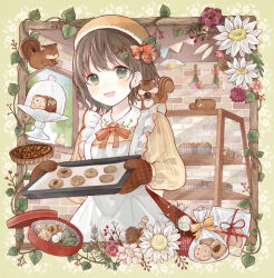 1girl :d acorn animal animal_on_shoulder apron bag bakery baking_sheet bell_jar beret bird blush bow bowtie bread brick_wall brown_hair brown_mittens brown_skirt cookie cowboy_shot dessert flower food frilled_apron frilled_shirt_collar frills green_eyes hair_bow hair_ornament hanging_light hat holding holding_acorn holding_tray indoors inset_border lace_trim leaf leaf_hair_ornament loaf_of_bread long_sleeves looking_at_viewer mittens muffin nut_(food) open_mouth orange_bow orange_bowtie orange_hat original pie pinecone pink_flower plaid_clothes plaid_mittens plant plastic_bag puffy_long_sleeves puffy_sleeves red_bow shelf shirt shop short_hair skirt sleeping_animal smile solo squirrel striped_clothes striped_shirt sweets tententuyu tray vertical-striped_clothes vertical-striped_shirt vines white_apron white_flower window yellow_shirt