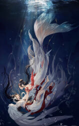2girls absurdres air_bubble angel angel_wings backless_dress backless_outfit barefoot beads_of_love_(shining_nikki) black_hair bubble chinese_clothes circlet closed_eyes closed_mouth dappled_sunlight dress falling feathered_wings fins fish_tail floating_clothes floating_hair full_body gold_anklet gold_tiara hair_bun hanfu head_fins highres light_rays lipstick long_dress long_hair looking_at_another lustrous_halo_(shining_nikki) makeup mermaid monster_girl multiple_girls nikki_(series) red_dress red_lips ruyin_(shining_nikki) shining_nikki single_hair_bun situ_ming_ling_hua_yi sunlight tail underwater very_long_hair white_hanfu white_tail white_wings wings yuyan_(shining_nikki)