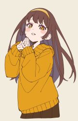 1girl absurdres blush_stickers brown_hair brown_skirt commentary_request cropped_legs grey_background hairband highres long_hair long_sleeves looking_at_viewer namori original own_hands_together parted_lips pleated_skirt simple_background skirt solo sweater yellow_eyes yellow_hairband yellow_sweater