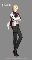1boy belt black_belt black_boots black_gloves black_pants blonde_hair boots copyright_name copyright_notice crossed_ankles crossed_arms earrings full_body gloves grey_background hair_over_one_eye highres jacket jewelry logo lucas_(rememento) male_focus official_art one_eye_covered pants red_shirt rememento:_white_shadow shirt short_hair solo tachi-e thigh_strap vest white_jacket white_vest