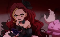 Rule 34 | 2girls, black choker, black dress, black gloves, blurry, blurry foreground, blush, choker, crying, crying with eyes open, cure noble, dress, elbow gloves, empress undergu, gem, gloves, highres, hirogaru sky! precure, layered sleeves, long hair, long sleeves, looking at viewer, multicolored hair, multiple girls, open mouth, pink sleeves, pov, precure, red gemstone, red hair, solo focus, strapless, strapless dress, streaked hair, tears, v-shaped eyebrows, very long hair, yellow eyes, zerolay