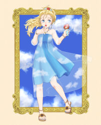 1girl blonde_hair blue_dress blue_eyes cloud dress feet final_fantasy final_fantasy_v food full_body hair_ornament highres jewelry krile_mayer_baldesion_(ff5) long_hair nail_polish necklace open_mouth picture_frame ponytail solo tachibana_mayura toes
