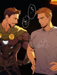 Rule 34 | 2boys, arc reactor, armor, avengers (series), black armor, black background, blonde hair, blue eyes, brown eyes, brown hair, cape, chinese commentary, commentary request, doctor doom, facial hair, fingernails, full armor, green cape, grey shirt, hand on own hip, hands on own hips, heart, highres, lamp, looking at another, male focus, malkogromit, marvel, marvel cinematic universe, multiple boys, power armor, shirt, short hair, short sleeves, simple background, smile, speech bubble, standing, steve rogers, sweatdrop, t-shirt, teeth, tony stark, v-shaped eyebrows