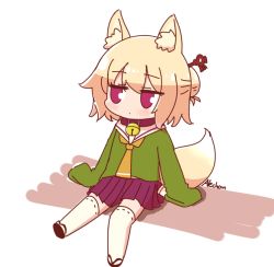 Rule 34 | 1girl, alechon, animal ear fluff, animal ears, arm support, bell, blonde hair, blush, brown shoes, closed mouth, collar, commentary, fox ears, fox girl, fox tail, full body, green shirt, hair ornament, hair stick, kemomimi-chan (naga u), long sleeves, looking to the side, medium hair, neck bell, neckerchief, orange neckerchief, original, pleated skirt, purple collar, purple eyes, purple skirt, shirt, shoes, signature, sitting, skirt, sleeves past fingers, sleeves past wrists, solo, tail, thighhighs, white background, white thighhighs