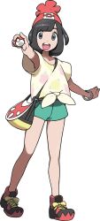 1girl :d absurdres bag ball creatures_(company) game_freak hat highres holding legs nintendo non-web_source open_mouth poke_ball pokemon selene_(pokemon) shirt shoes shorts skirt smile sneakers solo standing t-shirt teeth upper_teeth_only