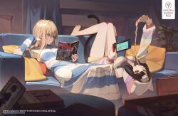 2girls absurdres animal animal_hood animal_on_head asakura_karen_(heaven_burns_red) barefoot black_hair blonde_hair blue_dress blue_eyes blurry blurry_foreground book breasts briefcase cat_tail cleavage closed_mouth collarbone commentary couch cushion dress eating english_commentary food food_on_face handheld_game_console heaven_burns_red highres holding holding_book holding_food holding_handheld_game_console holding_pizza hood hood_up hoodie indoors key_(company) long_hair long_sleeves lying medium_hair multicolored_hoodie multiple_girls nintendo_switch on_back on_couch on_head open_book pizza pizza_slice shorts smile striped_clothes striped_dress striped_hoodie swept_bangs tail timbougami toujou_tsukasa white_dress yellow_eyes yellow_shorts yostar