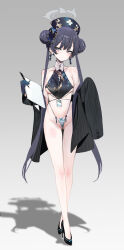 1girl absurdres aged_up alternate_breast_size bare_shoulders black_gloves black_hair black_hat blue_archive blue_panties blush breasts butterfly_hair_ornament chinese_clothes clipboard coat commentary dishwasher1910 double_bun dragon_print dudou earrings english_commentary full_body gloves gluteal_fold grey_coat grey_eyes hair_bun hair_ornament half_gloves halo hat high_heels highleg highleg_panties highres jewelry kisaki_(blue_archive) large_breasts long_hair long_sleeves looking_at_viewer navel nurse_cap off_shoulder panties pen pinstripe_pattern twintails underwear