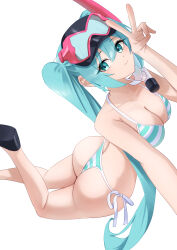 1girl amaama_(beccyonaika1) aqua_eyes aqua_hair armpits ass bikini blue_bikini breasts collarbone cowboy_shot from_above goggles goggles_on_head hair_between_eyes hatsune_miku huge_ass long_hair looking_at_viewer looking_back panties side-tie_panties sideboob sidelocks simple_background solo striped_bikini striped_clothes swimsuit twintails underwear v v_over_eye very_long_hair vocaloid white_background white_stripes
