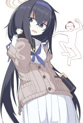 1boy 1girl aran_sweater bags_under_eyes black_hair black_undershirt blue_archive blue_eyes blue_hairband blue_neckerchief book breasts brown_cardigan brown_halo cable_knit cardigan commentary_request crossed_bangs doodle_sensei_(blue_archive) hair_between_eyes hairband halo highres holding holding_book jambayashi long_hair long_sleeves looking_at_viewer medium_breasts neckerchief open_mouth sailor_collar school_uniform sensei_(blue_archive) serafuku simple_background skirt sweater ui_(blue_archive) very_long_hair white_background white_sailor_collar white_serafuku white_skirt