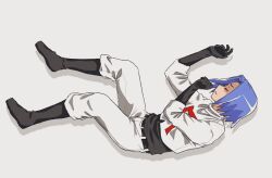1boy black_boots black_gloves blue_hair boots closed_eyes creatures_(company) falling game_freak gloves highres james_(pokemon) lying male_focus nintendo oris_nashi pokemon pokemon_(anime) pokemon_(classic_anime) sleeping solo solo_focus team_rocket team_rocket_uniform white_background