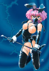 1girl animal_ears bdsm black_gloves blue_background bondage bondage_outfit boots bound breastless_clothes breasts breasts_out colored_pubic_hair dated earrings elbow_gloves fake_animal_ears female_pubic_hair full_body gag gag_harness gagged garter_straps gloves holding holding_weapon jewelry kneeling large_breasts latex leotard looking_at_viewer medium_breasts medium_hair neck_corset nipples original panel_gag pink_eyes pink_hair pink_pubic_hair playboy_bunny pubic_hair purple_eyes rabbit rabbit_ears rabbit_tail riding_crop shibata_masahiro short_hair signature simple_background solo tail thigh_boots watermark weapon whip white_wrist_cuffs wrist_cuffs