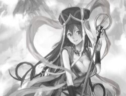 1girl bead_necklace beads bikini breasts cleavage commentary_request fate/grand_order fate_(series) greyscale hat jewelry large_breasts monochrome mugen_no_sudadokei necklace ok_sign parted_lips prayer_beads shakujou smile solo staff swimsuit upper_body xuangzang_sanzang_(fate)