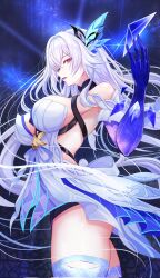 1girl bare_shoulders blue_dress blue_gloves blue_thighhighs breasts dress elbow_gloves genshin_impact gloves hair_ornament highres large_breasts long_hair looking_at_viewer open_mouth penguintake red_eyes short_dress skirk_(genshin_impact) solo thighhighs thighs white_hair