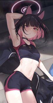 Rule 34 | 1girl, alternate costume, animal ears, arm up, armpits, black choker, black hair, black jacket, black shorts, black sports bra, blue archive, cat ears, choker, colored inner animal ears, colored inner hair, extra ears, halo, highres, jacket, kazusa (blue archive), looking at viewer, lying, multicolored hair, navel, open clothes, open jacket, pink hair, pink halo, red eyes, shorts, solo, sports bra, sportswear, sweat, trinity general school logo, two-tone hair, unworn jacket, vegetablenabe