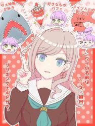 Rule 34 | + +, 2girls, :d, aqua neckerchief, araha, austria, blue eyes, blunt bangs, blush, braid, breasts, brown dress, c:, center-flap bangs, ceras yanagida lilienfeld, closed eyes, closed mouth, commentary request, dress, food, germany, great white shark, grey hair, hair ribbon, hasu no sora school uniform, highres, in-franchise crossover, index finger raised, jaws (movie), link! like! love live!, long sleeves, looking at viewer, love live!, love live! superstar!!, medium breasts, multiple girls, neckerchief, open mouth, outline, outside border, parfait, pink ribbon, polka dot, polka dot background, purple hair, red background, ribbon, sailor collar, sailor dress, school uniform, shark, sharp teeth, side braids, single hair intake, smile, speech bubble, split mouth, strawberry parfait, sweat, teeth, trait connection, translation request, u u, upper body, virtual youtuber, wavy mouth, white outline, white sailor collar, wien margarete, winter uniform