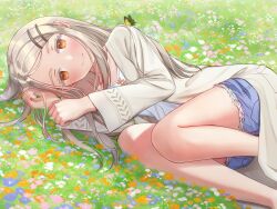 1girl absurdres bare_legs blush bug butterfly camisole colored_eyelashes denim denim_shorts gakuen_idolmaster grey_hair highres idolmaster insect legs_folded long_hair looking_at_viewer lying on_ground on_side orange_eyes outdoors robe shinosawa_hiro shorts smile solo sorauta_(prsn7888) very_long_hair white_camisole white_robe