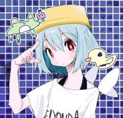 Rule 34 | 1girl, blue background, blue hair, blush, bucket, bucket on head, chibi, chibi inset, clothes writing, commentary request, finger to head, frog, furo hairu profile (vocaloid), grid background, hand up, index finger raised, looking at viewer, mini wings, object on head, one side up, parted lips, red eyes, romaji text, rubber duck, short hair, short sleeves, solo, tiles, upper body, vocaloid, wataei, wings