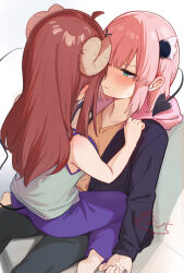 2girls black_pants black_tail blush borushichi chiyoda_momo closed_mouth curled_horns demon_girl demon_horns demon_tail green_eyes hair_ornament highres horns long_hair looking_at_another machikado_mazoku multiple_girls pants pink_hair purple_pants red_hair short_hair tail yoshida_yuuko_(machikado_mazoku) yuri