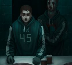 2boys afraid_of_monsters bags_under_eyes bathroom black_gloves blood blood_from_forehead blood_on_clothes bloody_tears brown_hair cellar_art david_leatherhoff dual_persona exhausted gloves gouged_eye green_hoodie highres hole_in_chest hole_on_body hood hood_down hoodie looking_at_another multiple_boys pill_bottle print_hoodie scar scar_on_face self_hug short_hair sink the_addiction_(afraid_of_monsters) tile_wall tiles
