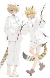 1boy 1girl :d absurdres animal_ears bad_id bad_twitter_id barefoot blonde_hair blush brown_shoes don_quixote_(project_moon) full_body hair_between_eyes hanbok highres holding holding_stick inactive_account korean_clothes korean_commentary limbus_company long_sleeves looking_at_viewer maratang open_mouth pants project_moon shoes short_hair shorts simple_background sinclair_(project_moon) smile standing stick tail tiger_ears tiger_tail white_hanbok white_pants white_shorts yellow_eyes