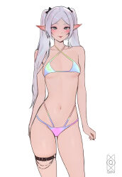 1girl absurdres artist_name bikini breasts commentary cowboy_shot earrings elf english_commentary frieren gradient_bikini green_eyes highres jewelry long_hair o-ring o-ring_thigh_strap parted_bangs pointy_ears quilm simple_background solo sousou_no_frieren standing swimsuit thick_eyebrows thigh_strap tongue tongue_out twintails white_background white_hair