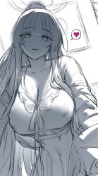 1girl blue_archive blunt_bangs breasts cleavage collarbone commentary covered_erect_nipples english_commentary from_below halo heart hews high_ponytail highres indoors large_breasts long_hair long_sleeves looking_at_viewer nightgown noa_(blue_archive) noa_(pajamas)_(blue_archive) official_alternate_costume open_mouth pajamas ponytail ribbon sketch sleepwear smile spoken_heart spot_color teeth unfinished upper_teeth_only