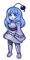 1girl :&lt; antennae belt black_belt blue_eyes blue_hair boots closed_mouth colored_skin dress expressionless grey_boots grey_dress grey_skin long_hair long_sleeves looking_to_the_side original simple_background sleeves_past_fingers sleeves_past_wrists solo thatartistann white_background wide_sleeves