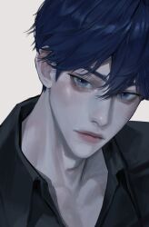 1boy absurdres adam&#039;s_apple aegyo_sal black_shirt blue_eyes blue_hair closed_mouth collared_shirt commentary_request grey_background hair_between_eyes highres k-pop korean_commentary lips looking_at_viewer male_focus mandue nose plave portrait realistic shirt short_hair simple_background solo very_short_hair yejun_(plave)