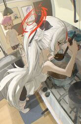 3girls absurdres animal_ear_fluff animal_ears atsuko_(blue_archive) atsuko_(swimsuit)_(blue_archive) bare_arms bare_shoulders barefoot bent_over_furniture black_dress black_ribbon black_shorts blue_archive cat_ears cat_girl cooking doll dress hair_between_eyes hair_ribbon halo hat highres holding holding_ladle hood hood_up indie_virtual_youtuber indoors jacket kureyon93 ladle long_hair low_ponytail multicolored_hair multiple_girls nemmysus_(vtuber) official_alternate_costume official_alternate_hairstyle one_eye_closed original pink_hair ponytail purple_hair red_eyes red_hair red_halo ribbon shirt short_hair short_sleeves shorts sleeveless sleeveless_dress sun_hat sundress t-shirt tank_top two-tone_hair white_dress white_hair white_hat white_jacket white_shirt white_tank_top yawning yellow_eyes