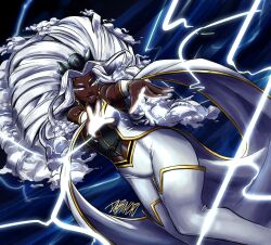 1girl absurdres animification armlet arms_under_breasts bare_shoulders black_shirt blue_background blue_eyes boots breasts cleavage commentary cowboy_shot cropped_jacket cropped_legs crossed_arms dabinori dark-skinned_female dark_skin electricity electrokinesis energy english_commentary feet_out_of_frame female_focus floating_hair glowing glowing_eyes glowing_hand gold_trim hair_ornament highres jacket jewelry large_breasts lightning_bolt_symbol long_hair marvel marvel_tokon:_fighting_souls outstretched_arms pants parted_bangs profile shirt simple_background smile solo storm_(x-men) thick_thighs thigh_boots thighs toned toned_female vambraces very_dark_skin very_long_hair wavy_hair white_background white_boots white_hair white_jacket white_nails white_pants x-men