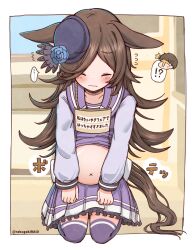 !? 1boy 1girl ^^^ big_belly black_hat blue_flower blue_rose blush brown_hair chibi chibi_inset closed_eyes closed_mouth commentary_request flower flying_sweatdrops hair_over_one_eye hat hat_flower highres horse_girl long_hair long_sleeves pleated_skirt puffy_long_sleeves puffy_sleeves purple_shirt purple_skirt purple_thighhighs rakugakiraid rice_shower_(umamusume) rose school_uniform seiza shirt sign sign_around_neck sitting skirt solo_focus spoken_interrobang sweat t-head_trainer_(umamusume) thighhighs tilted_headwear tracen_school_uniform trainer_(umamusume) translation_request twitter_username umamusume very_long_hair wavy_mouth x_navel