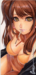 1girl arm_behind_back bad_link bikini black_jacket breasts brown_eyes brown_hair cleavage commentary earrings english_commentary food food_in_mouth highres jacket jewelry kujikawa_rise lipgloss long_hair looking_at_viewer marker_(medium) medium_breasts omar_dogan open_clothes open_jacket orange_bikini persona persona_4 pink_lips pocky pocky_in_mouth solo spaghetti_strap sphere_earrings strap_gap swept_bangs swimsuit thigh_gap traditional_media twintails