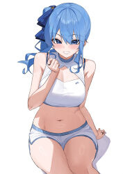 Rule 34 | 1girl, alternate costume, bare shoulders, blue eyes, blue hair, blush, bra strap, breasts, cleavage, cleavage cutout, clenched hand, clothing cutout, cropped shirt, dolphin shorts, hair between eyes, hair ribbon, hand up, hashtag-only commentary, highres, hololive, hoshimachi suisei, jewelry, long hair, looking at viewer, medium breasts, midriff, navel, raeis, ribbon, ring, shirt, shorts, side ponytail, simple background, sitting, sleeveless, sleeveless shirt, smile, solo, star (symbol), star in eye, sweat, symbol in eye, teeth, virtual youtuber, white background, white shirt, white shorts