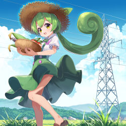 1girl bowl buttons cloud commentary_request corn corn_cob cucumber day eggplant floating_hair food grass green_eyes green_hair green_skirt hat highres holding holding_bowl looking_at_viewer naox open_mouth outdoors ponytail power_lines shirt skirt sky solo straw_hat suspender_skirt suspenders tomato transmission_tower vegetable voiceroid voicevox white_shirt zundamon