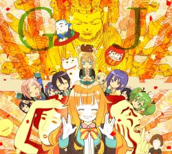5boys 6+girls :3 \\// ^_^ amatsuka_mao amatsuka_megumi_(gj-bu) amatsuka_seira arms_up bell black_hair black_jacket blazer blonde_hair blue_eyes blush bow bowtie buddha butterfly_sitting character_request check_commentary closed_eyes commentary_request confetti daruma_doll everyone extra_arms fox_mask geraldine_bernstein gj-bu green_eyes green_hair grin hair_bell hair_flaps hair_ornament jacket kannazuki_tamaki kirara_bernstein long_hair maid_headdress maneki-neko mask mini_person minigirl mori_(gj-bu) mudra multiple_boys multiple_girls open_clothes open_jacket open_mouth orange_background orange_hair own_hands_together palms_together patterned_background pink_hair purple_eyes purple_hair seigaiha shimura_nobuo shinomiya_kasumi shinomiya_kyouya shirt short_hair sitting sitting_on_head sitting_on_person smile star_(symbol) sumeragi_shion sunburst sunburst_background twintails v-shaped_eyebrows white_shirt yellow_bow yellow_bowtie