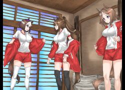 3girls animal_ears black_thighhighs bow brown_hair derivative_work domino_mask ear_bow el_condor_pasa_(umamusume) gym_shirt hair_ornament hair_ribbon hairclip horse_ears horse_girl horse_tail impossible_clothes impossible_shirt indoors jacket kimura_(coat_corp.) kumiyabe long_hair manatsu_no_yo_no_inmu mask meme miura_daisenpai multicolored_hair multiple_girls ponytail purple_bow purple_eyes purple_ribbon red_jacket red_shorts removing_jacket ribbon scene_reference screenshot_redraw shirt short_hair shorts sidelocks special_week_(umamusume) streaked_hair t-shirt tail thighhighs tracen_training_uniform track_jacket tsurumaru_tsuyoshi_(umamusume) two-tone_hair umamusume undressing white_hair white_shirt white_thighhighs yajuu_senpai