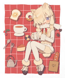 1girl alpaca_ears alpaca_girl alpaca_suri_(kemono_friends) alpaca_tail animal_ears black_boots blue_eyes blush boots bow bowtie bread butter cake cake_slice cup food fork frilled_shorts frills fur_collar fur_trim hair_bun hair_over_one_eye hair_tubes highres kemono_friends long_sleeves looking_at_viewer mug multicolored_boots noamem open_mouth pantyhose red_bow red_bowtie short_hair shorts sidelocks smile solo spoon sweater tail teacup teapot two-tone_boots vest white_boots white_fur white_hair white_pantyhose white_shorts white_sweater white_vest