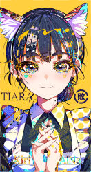 1girl absurdres animal_ears apron artist_name basori_tiara black_eyes black_hair cat_ears character_name frilled_apron frills hair_bun highres kiriaina looking_at_viewer maid maid_apron make_heroine_ga_oo_sugiru! mole mole_on_neck own_hands_together simple_background solo upper_body white_apron yellow_background