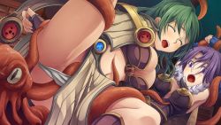 2girls armor dark_matrix closed_eyes fingerless_gloves gloves green_hair highres imminent_rape moonshell multiple_girls octopus open_mouth purple_eyes purple_hair ragnarok_online restrained wizard_(ragnarok_online)