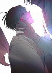 2boys bat_wings black_hair blood blood_on_face blood_on_object coat fang glowing grin hand_on_another&#039;s_face hand_on_another&#039;s_neck height_difference highres holding kim_dokja looking_at_another multiple_boys omniscient_reader&#039;s_viewpoint out_of_frame purple_eyes raya_(000_unseen) scar scar_on_face sharp_teeth short_hair smile teeth white_coat wings wiping_blood yoo_joonghyuk