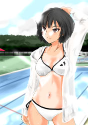 1girl adidas amagami arm_behind_head arm_up bikini bikini_under_clothes black_hair blush brown_eyes closed_mouth cloud collarbone commentary cowboy_shot fence foliage grass murasaki_iro nanasaki_ai navel one-piece_tan pool railing see-through_clothes see-through_shirt shirt short_hair side-tie_bikini_bottom sky smile solo standing swimsuit swimsuit_under_clothes tan tanline thigh_gap white_bikini white_shirt