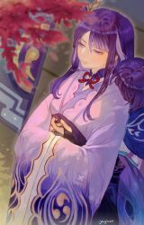 Rule 34 | 1boy, 1girl, absurdres, adapted costume, alternate costume, artist name, belt, blue cape, blunt bangs, blunt ends, cape, clothing cutout, door, eyeliner, eyeshadow, floor, genshin impact, hair between eyes, hair intakes, head on another&#039;s back, head on another&#039;s shoulder, highres, hug, hug from behind, japanese clothes, kimono, light smile, long hair, long sidelocks, long sleeves, lowered eyelids, makeup, maple tree, mitsudomoe (shape), mother and son, multicolored hair, obi, parted bangs, purple belt, purple eyes, purple hair, purple kimono, purple rope, raiden shogun, red eyeliner, red eyeshadow, rope, sash, scaramouche (genshin impact), sidelocks, streaked hair, string, thigh cutout, tomoe (symbol), tree, wanderer (genshin impact), wide sleeves, wooden floor, yaginori