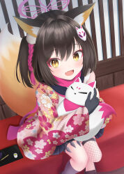 Rule 34 | 1girl, :d, absurdres, animal ear fluff, animal ears, asymmetrical legwear, black gloves, blue archive, blue skirt, blush, brown hair, cherry blossom print, commentary, doll, eyeshadow, fang, feet out of frame, floral print, floral print kimono, foreshortening, fox ears, fox girl, fox hair ornament, fox tail, from above, gloves, hair intakes, hair ornament, halo, happy, highres, holding, holding doll, izuna (blue archive), japanese clothes, kimono, kunai, long sleeves, looking at viewer, makeup, medium hair, miniskirt, mismatched legwear, natsukage ao, one side up, open mouth, partially fingerless gloves, pink eyeshadow, pink halo, pink kimono, pink scarf, pleated skirt, pom pom (clothes), pom pom hair ornament, print kimono, scarf, school uniform, serafuku, sitting, skin fang, skirt, smile, solo, straight hair, tail, tail raised, weapon, wide sleeves, yellow eyes