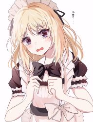 1girl apron bang_dream! bang_dream!_it&#039;s_mygo!!!!! black_bow black_bowtie black_dress blonde_hair blush bow bowtie commentary dress frilled_apron frills highres looking_at_viewer maid maid_apron maid_headdress medium_hair misumi_uika open_mouth puffy_short_sleeves puffy_sleeves purple_eyes rinringo short_sleeves simple_background solo translation_request white_apron white_background